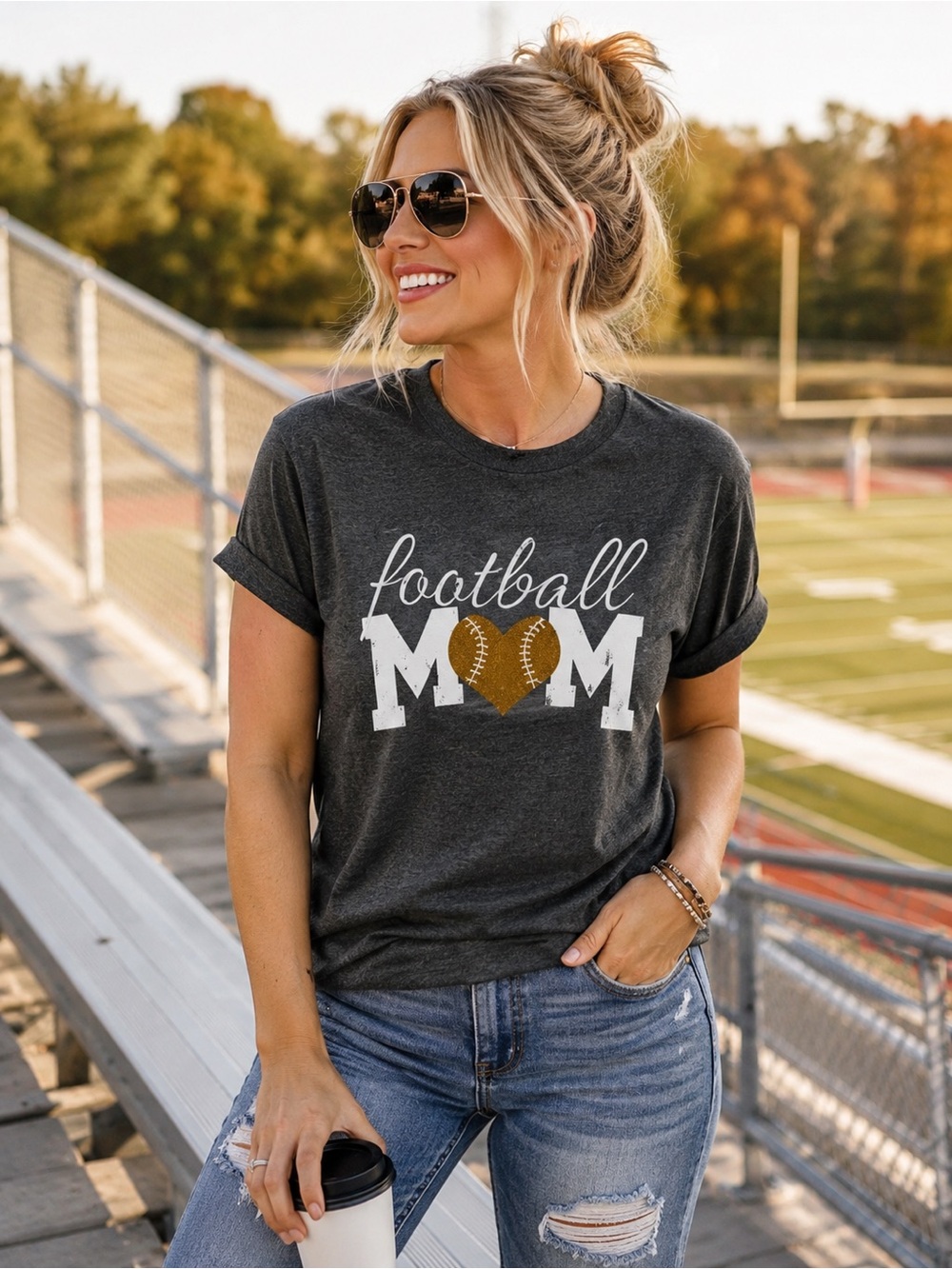 Football Mom Game Day T-Shirt Gray Football Graphic Tee Size L